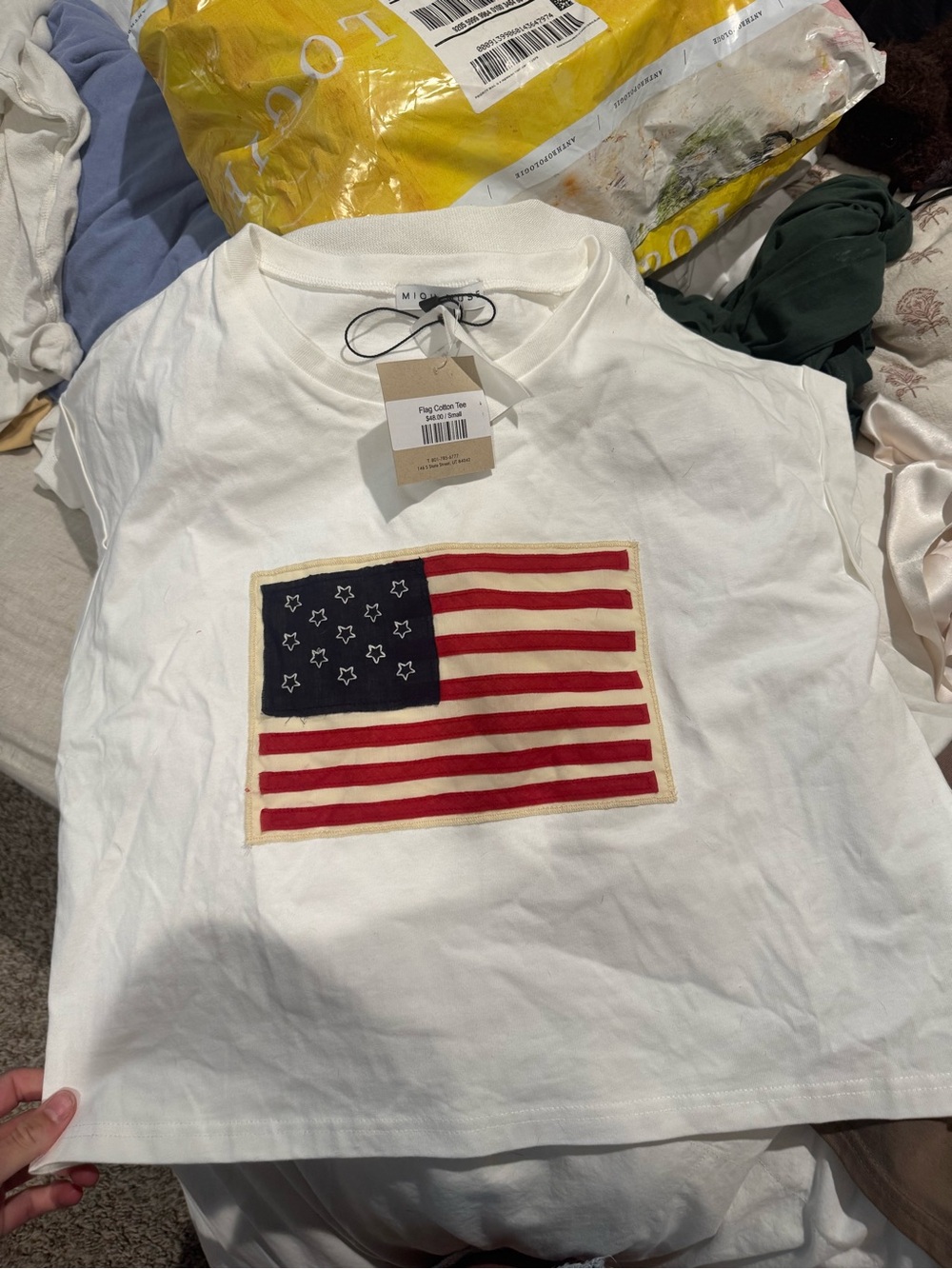 White Short Sleeve Tee with Flag Patch Detail
